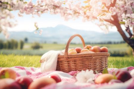 Cute picnic basket on cozy picnic blanket in blossoming cherry tree garden on sunny spring day. Generative AI.の素材