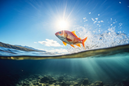A goldfish jumping out of the water on sunny summer day, super wide angle shot. Generative AI.の素材