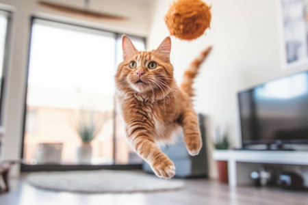 Ginger cat jumping around playing with a cat toy at home. Having fun with pets indoors. Super wide angle shot. Generative AI.の素材