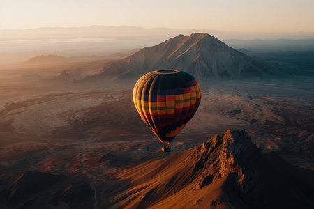 Colourful hot air balloon floating over distant hills and mountains on sunny sunset. Generative AI.の素材