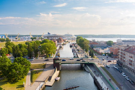 KLAIPEDA, LITHUANIA - JUNE 2022: Aerial view of huge 'Norwegian Dawn' cruise liner in the port of Klaipeda. Klaipeda cruise ship terminal, tourism industry in Lithuania.のeditorial素材