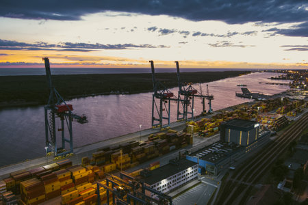 KLAIPEDA, LITHUANIA - JUNE 2022: Scenic aerial view of Klaipeda city port area and it's...