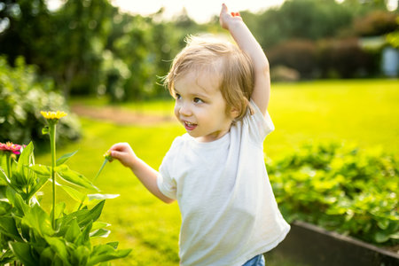 Adorable toddler boy having fun outdoors on sunny summer day. Child exploring nature. Summer activities for small kids.の写真素材