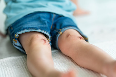 Toddler boy with sore scraped knees. Parent helping her child perform first aid knee injury after he has been an accident.の写真素材