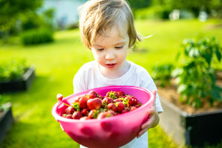 Cute toddler boy eating fresh organic strawberries on sunny summer day. Kid having fun on a strawberry farm outdoors.の写真素材