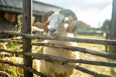 Sheep in the sheepfold. Adult sheep peeking from behind the fence. Livestock animals.
