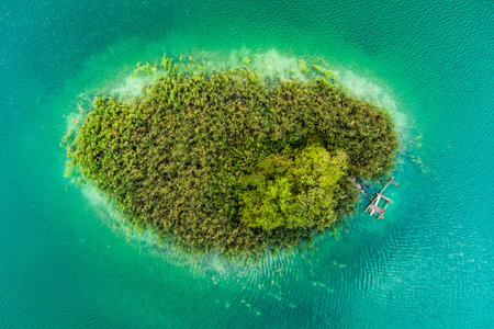 Aerial top down view of beautiful green waters of lake Gela. Birds eye view of scenic emerald lake surrounded by pine forests. Clouds reflecting in Gela lake, near Vilnius city, Lithuania.の写真素材