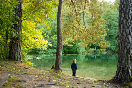 Adorable toddler boy admiring the Balsys lake, one of six Green Lakes, located in Verkiai Regional Park. Child exploring nature on autumn day in Vilnius, Lithuania. Fun autumn activities for kids.の写真素材