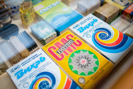 BIRZAI, LITHUANIA - OCTOBER 12, 2022: Variety of soviet era retro household items as a part of the exhibition in the Museum of Antique Technique at Sodeliskiai Manor.のeditorial素材