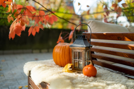 Decorative orange pumpkins and a lantern as an autumn decoration on wooden terrace. Orange ornamental pumpkins in sunlight. Harvesting and Thanksgiving concept.の写真素材