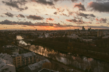 Beautiful aerial evening view of Vilnius Old Town with scenic sunset illumination. City life in Vilnius city, Lithuania.の写真素材