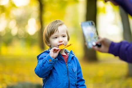 Funny toddler boy having fun outdoors on sunny autumn day. Child exploring nature. Kid playing in a city park. Autumn activities for small kids.の写真素材