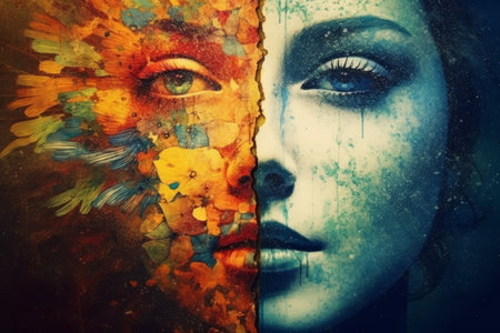 Two different parts of the same personality. Bipolar affective disorder, manic-depressive psychosis. Mental illness. Struggling with mental health issues concept. Generative AI.の素材