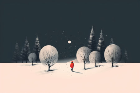 Small person wearing red clothes walking in snow covered landscape. Festive vibe, celebrating Christmas. Generative AI.の素材