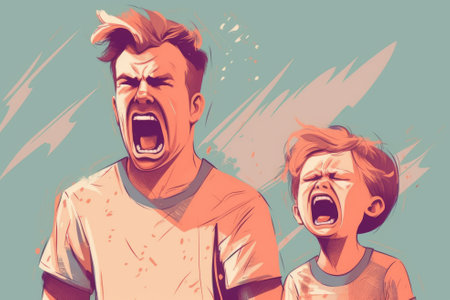 Toddler having a temper tantrum. Sad child screaming in anger. Frustrated parent shouting at his kid. Hardships of parenting. Generative AI.の素材