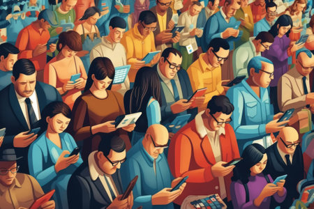 Group of people looking at their phone screens. Men and women checking their smartphones. Social media addiction. Indifference to reality, escapism. Generative AI.の素材