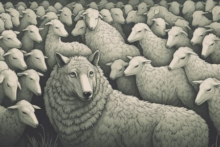 Wolf disguised as a sheep hiding in a flock of sheep. Wolf pretending to be a sheep. Hiding true identity for malicious reasons concept. Generative AI.の素材