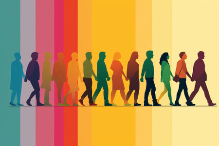 Group of divergent people over rainbow background. Community of diverse and multi-ethnic people. Acceptance and tolerance for individual differences. Generative AI.の素材