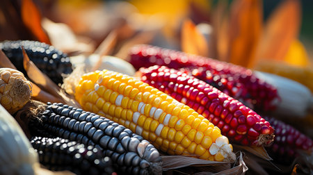 Colorful cobs of ornamental corn on sunny autumn day. Harvesting fall vegetables, celebrating Thanksgiving concept. Generative AI.の素材