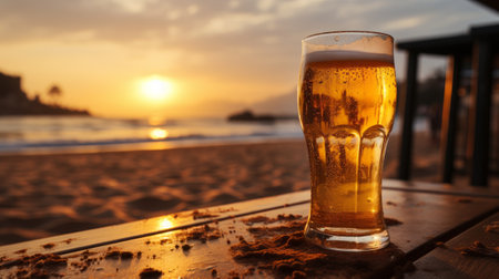 Glass of fresh beer on a wooden table on sunny summer evening. Beer on a background of beach bar. Drinking alcoholic beverage outdoors. Generative AI.の素材