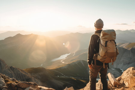 Male hiker wearing casual clothes admiring a scenic view from a mountain top. Adventurous young man with a backpack. Hiking and trekking on a nature trail. Traveling by foot. Generative AI.の素材