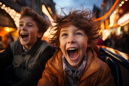 Excited teenage child laughing and riding a carousel carnival ride merry-go-round in amusement park during festival. Family leisure with kids. Generative AI.の素材