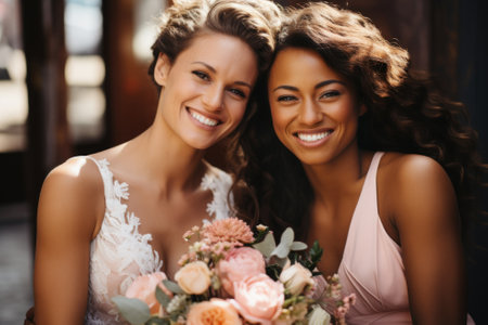 Happy cheerful lesbian brides hugging on their wedding day. Female gay couple surrounded with flowers. Homosexuality, same-sex marriage and love concept. Generative AI.の素材