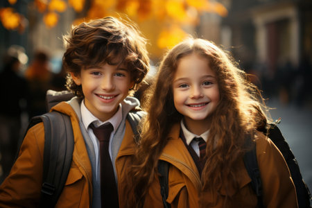 Girl and boy going back to school on sunny autumn day. Kids with backpacks on first day of kindergarten. Heading to school in the morning. Generative AI.の素材