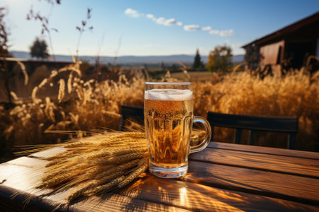 Glass of fresh beer on a wooden table on sunny summer day. Beer on a background of wheat field. Drinking alcoholic beverage outdoors. Generative AI.の素材