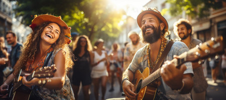 Cheerful street musicians performing in city park on sunny summer day. Performer playing a guitar. People gathering in the background. Generative AI.の素材