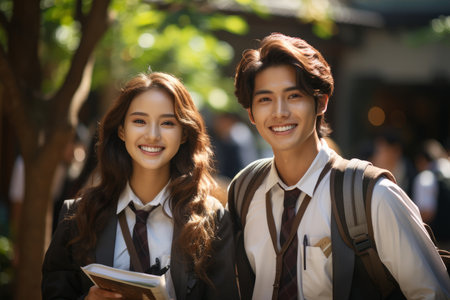 Two college students going back to school on sunny autumn day. Teenagers with backpacks on first day of school. Education for young people. Generative AI.の素材