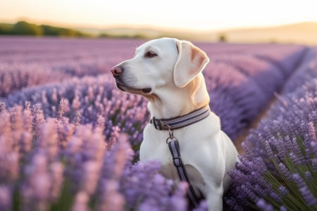 Friendly happy dog sitting in the blossoming lavender field on sunny summer day. Walking a dog outdoors. Super wide angle shot. Generative AI.の素材