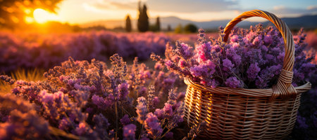 Wicker basket of freshly cut lavender flowers a field of lavender bushes. The concept of spa, aromatherapy, cosmetology. Generative AI.の素材
