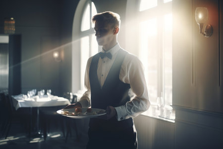Waiter carrying a plate with some fancy dish on festive event, party or wedding reception. Generative AI.の素材