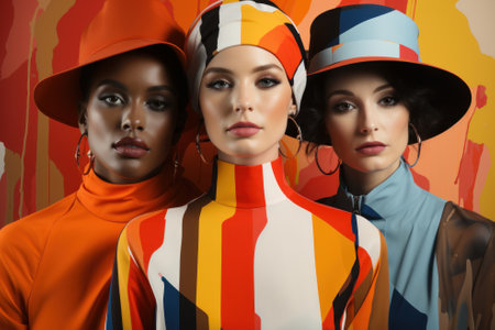Vibrant pop art portrait of three diverse women wearing colourful clothes on bold vivid background. Modern fashion trends. Generative AI.の素材
