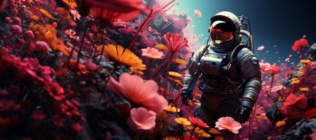 Astronaut wearing space suit walking among weird alien flowers on another planet. Spaceman exploring outer space. Discovering new worlds. Generative AI.の素材