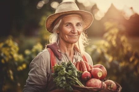 Senior female gardener holding a basket of harvested vegetables in the garden. Mature farmer with a bunch of self-grown goods. Growing own herbs and vegetables in a homestead. Generative AI.の素材