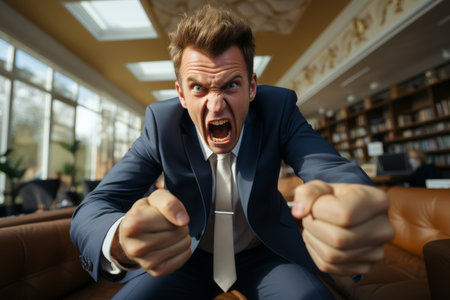 Angry office boss arguing and threatening a viewer behind a camera. Anger management concept. Generative AI.の素材