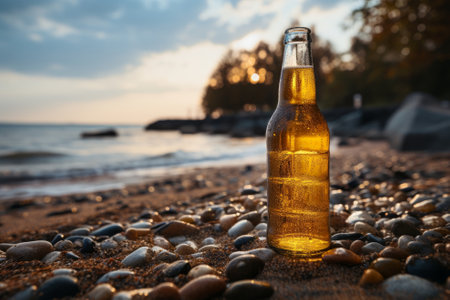 A bottle of fresh beer on a pebble beach on sunny summer evening. Beer on a background of Baltic sea. Drinking alcoholic beverage outdoors. Generative AI.の素材