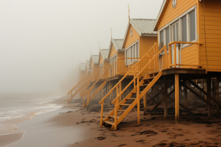 Beautiful wooden holiday houses on sand dunes of a Baltic sea landscape on foggy summer evening. Generative AI.の素材