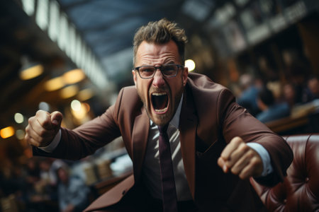 Angry office boss arguing and threatening a viewer behind a camera. Anger management concept. Generative AI.の素材