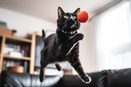 Black cat jumping around playing with a cat toy at home. Having fun with pets indoors. Super wide angle shot. Generative AI.の素材