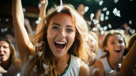Excited sports fans wearing green and white clothes celebrating the victory of their team. People chanting and cheering for their soccer team. Young people watching football match. Generative AI.の素材