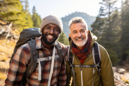 Cheerful interracial gay couple hiking in the wild on sunny autumn day. Two men admiring a scenic view. Adventurous people with backpacks. Hiking and trekking on a nature trail. Generative AI.の素材