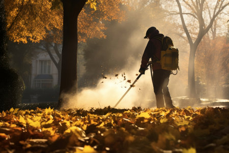 Cleaning falling leaves on a city street in the autumn dry time. Using leaf blower for cleaning of the road in the park. Generative AI.の素材