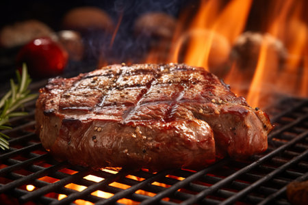 Grilled meat steak on stainless grill depot with flames on dark background. Food and cuisine concept. Generative AI.の素材