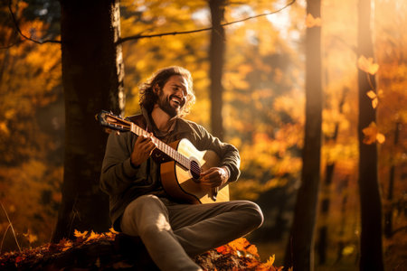 Cheerful young male musician performing for his fellow hikers on sunny fall day. Performer playing a guitar in the wild. People having fun on a hike in autumn. Generative AI.の素材