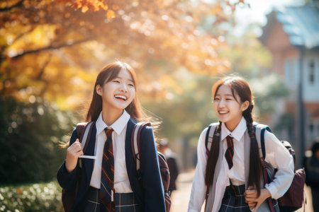Two school students going back to school on sunny autumn day. Children with backpacks on first day of school. Education for young people. Generative AI.の素材