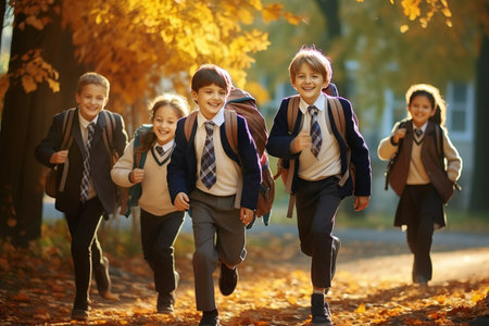 Group of children wearing school uniform going back to school on sunny autumn day. Kids with backpacks on first day of kindergarten. Heading to school in the morning. Generative AI.の素材