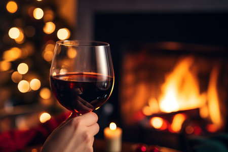 Drinking a glass of red wine in front of fireplace. Relaxing by the fire in cozy living room on winter day. Celebrating Christmas at home. Generative AI.の素材